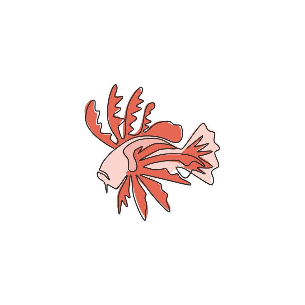 One continuous line drawing of scary lionfish for company logo identity. Sea monster fish creature mascot concept for aquatic show icon. Modern single line draw design graphic vector illustration