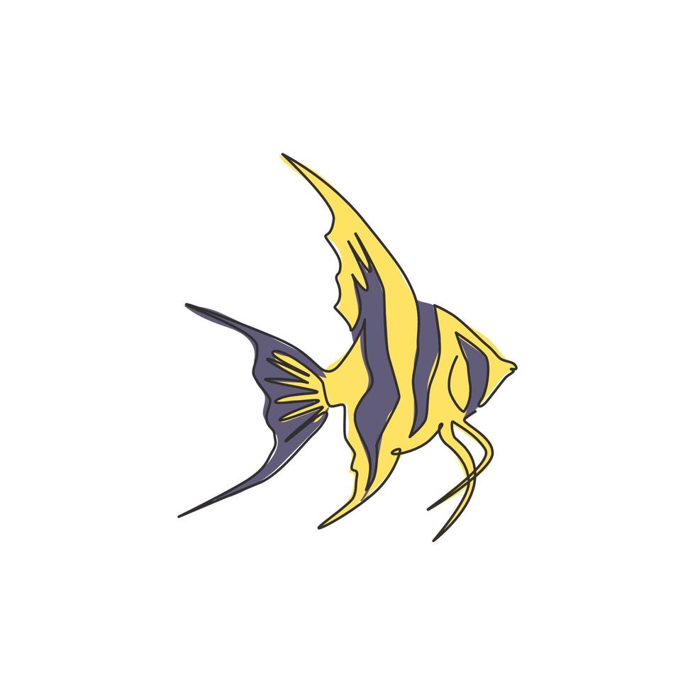 un dibujo de línea continua de un lindo pez ángel de agua dulce para la identidad del logotipo de la empresa. concepto de mascota de pez de belleza pterophyllum para el icono de espectáculo acuático. Ilustración de vector de diseño de dibujo de línea única moderna