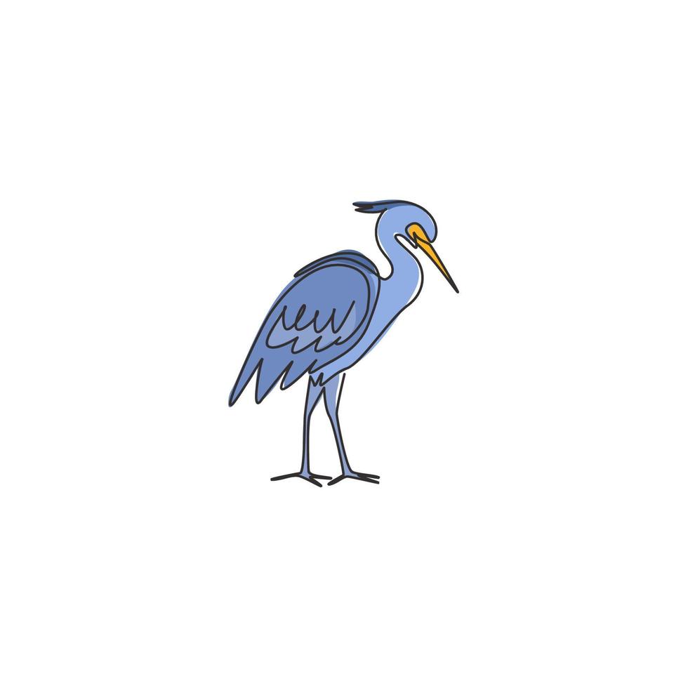 One continuous line drawing of cute standing heron for company logo identity. Coastal bird mascot concept for national park icon. Modern single line draw design vector graphic illustration