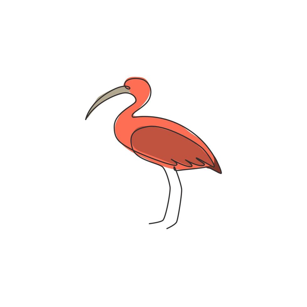 One continuous line drawing of cute ibis for company logo identity. Long legged wading bird mascot concept for national zoo icon. Modern single line draw design vector graphic illustration