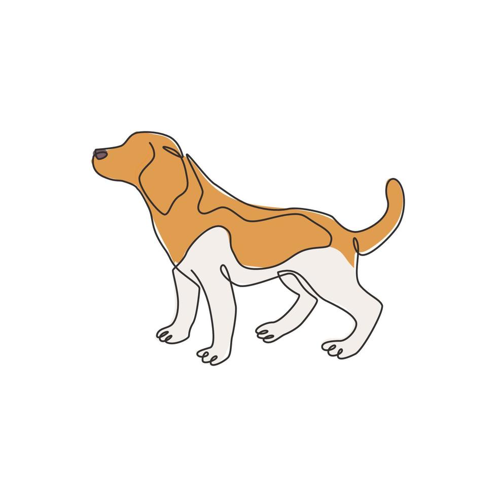 dibujo de una sola línea de lindo perro beagle para la identidad del logotipo de la empresa. concepto de mascota de perro de raza pura para el icono de mascota amigable con el pedigrí. Ilustración de vector gráfico de diseño de dibujo de una línea continua moderna