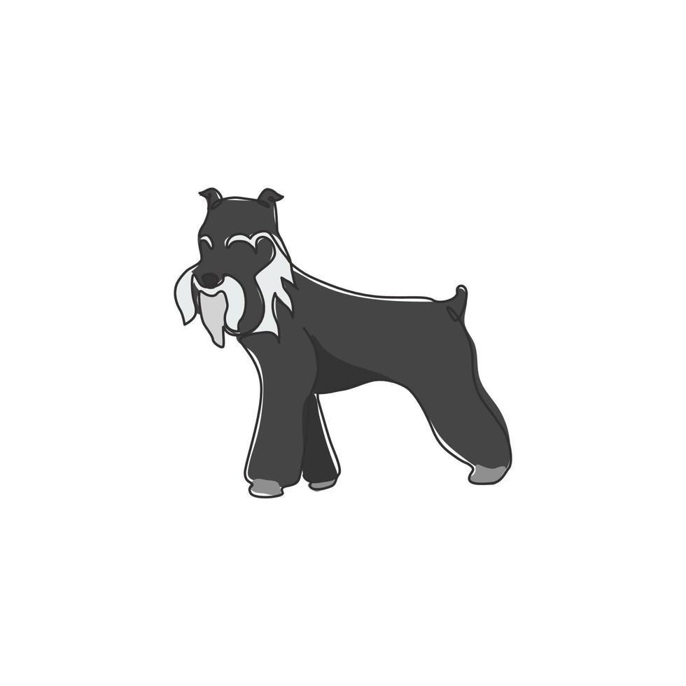 One continuous line drawing of miniature schnauzer dog for company logo identity. Purebred dog mascot concept for pedigree friendly pet icon. Modern single line draw design vector graphic illustration