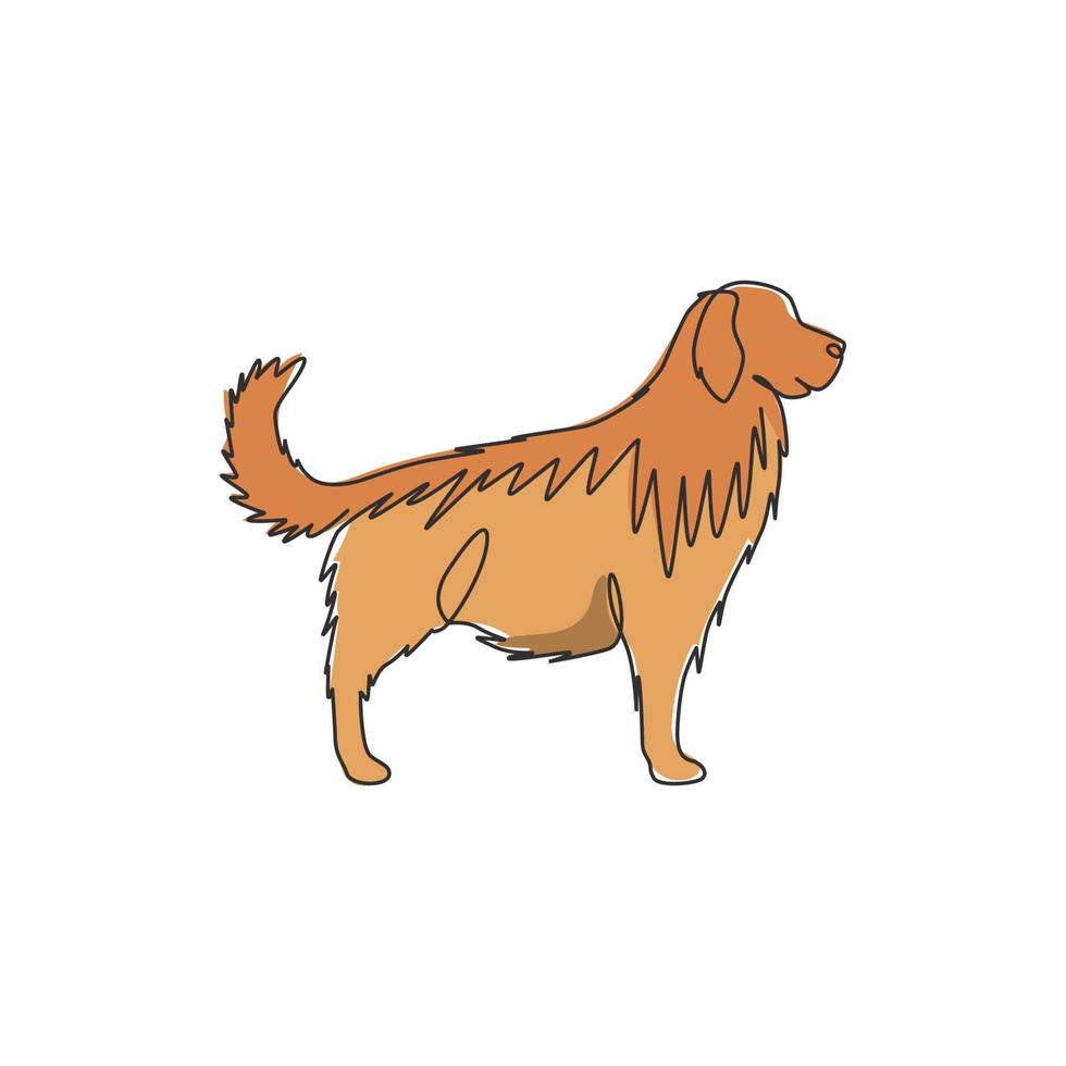 One continuous line drawing of cute golden retriever dog for company logo identity. Purebred dog mascot concept for pedigree friendly pet icon. Modern single line draw design vector illustration