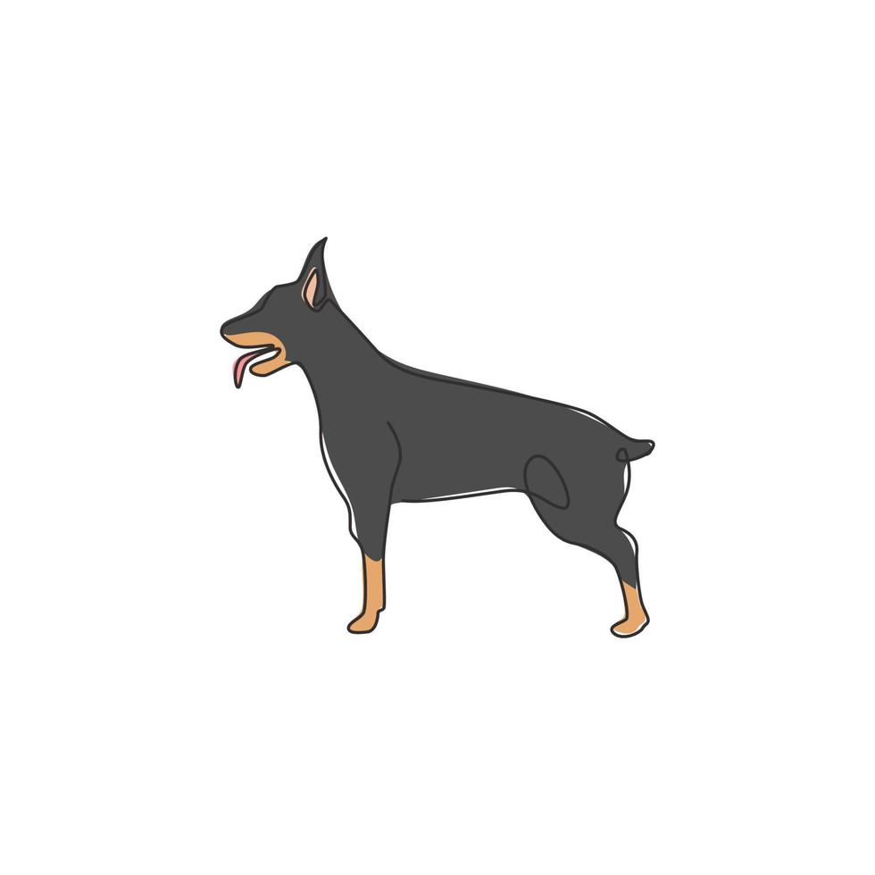 Single continuous line drawing of dashing doberman dog for security company logo identity. Purebred dog mascot concept for pedigree friendly pet icon. Modern one line draw design vector illustration