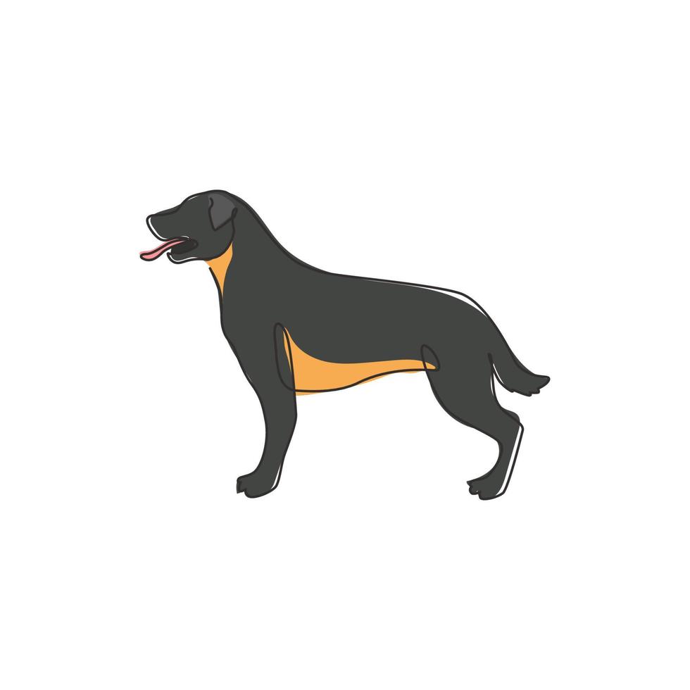 un dibujo de línea continua del perro rottweiler feroz para la identidad del logotipo de la empresa de seguridad. concepto de mascota de perro de raza pura para el icono de mascota amigable con el pedigrí. Ilustración de vector de diseño de dibujo de línea única moderna