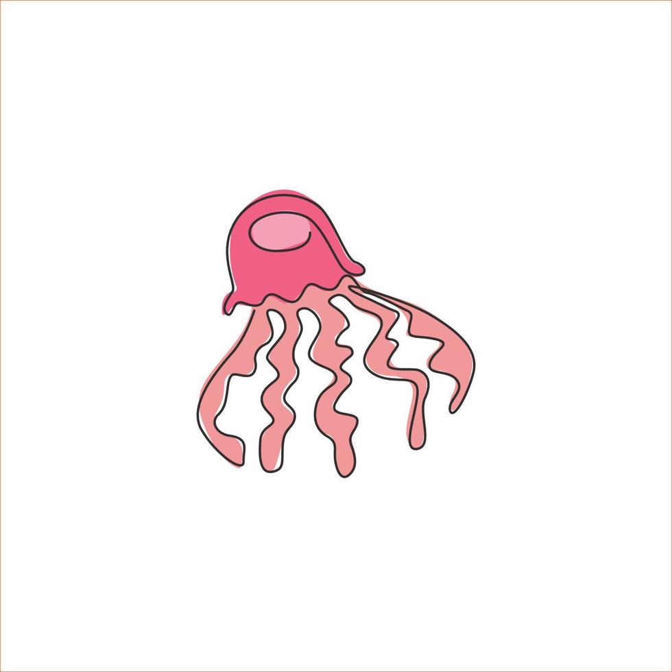 dibujo de línea continua única de medusas exóticas para la identidad del logotipo de la empresa. concepto de mascota animal picadura para el icono del acuario de conservación nacional. Ilustración de vector de diseño de dibujo de una línea moderna