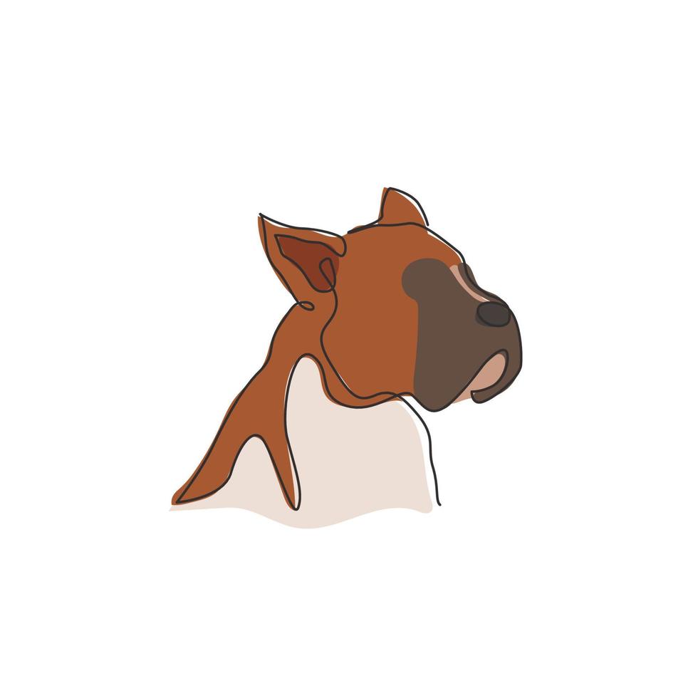 dibujo de línea continua única de feroz cabeza de perro boxer para la identidad del logotipo de la empresa de seguridad. concepto de mascota de perro de raza pura para el icono de mascota amigable con el pedigrí. Ilustración de vector de diseño de dibujo de una línea moderna
