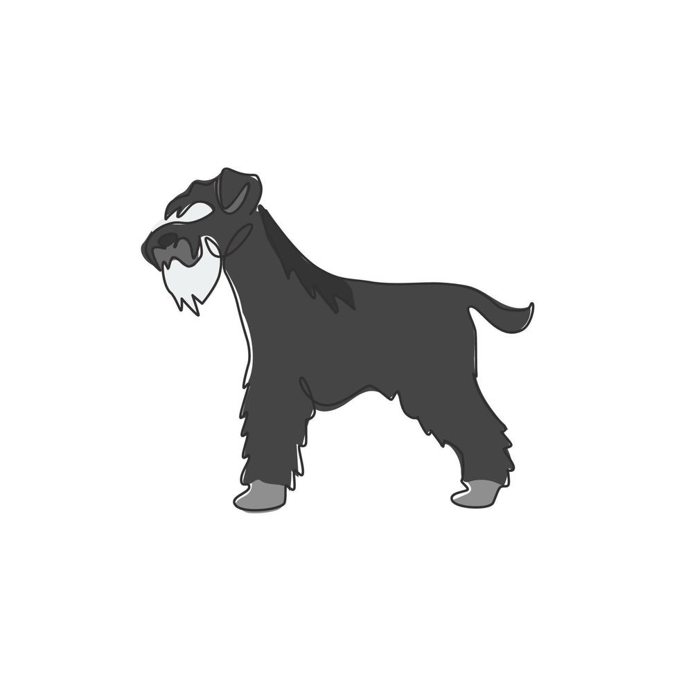 Single one line drawing of adorable miniature schnauzer for company logo identity. Purebred dog mascot concept for pedigree friendly pet icon. Modern continuous line draw design vector illustration