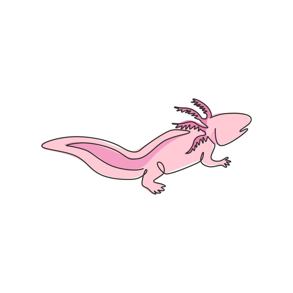 One single line drawing of adorable axolotl for company logo identity. Neotenic salamander mascot concept for aquatic creature icon. Modern continuous line draw design graphic vector illustration