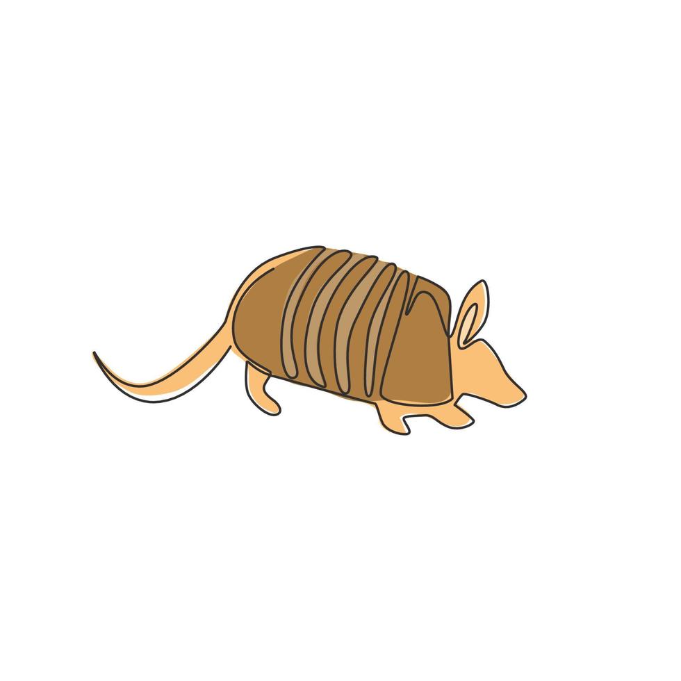 Single continuous line drawing of beauty armadillo for company logo identity. Armoured body mammal mascot concept for national conservation park icon. Modern one line draw design vector illustration