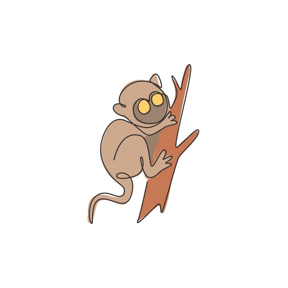 Single continuous line drawing of adorable tarsier for company logo identity. Tiny monkey animal mascot concept for national conservation park icon. Modern one line draw design vector illustration