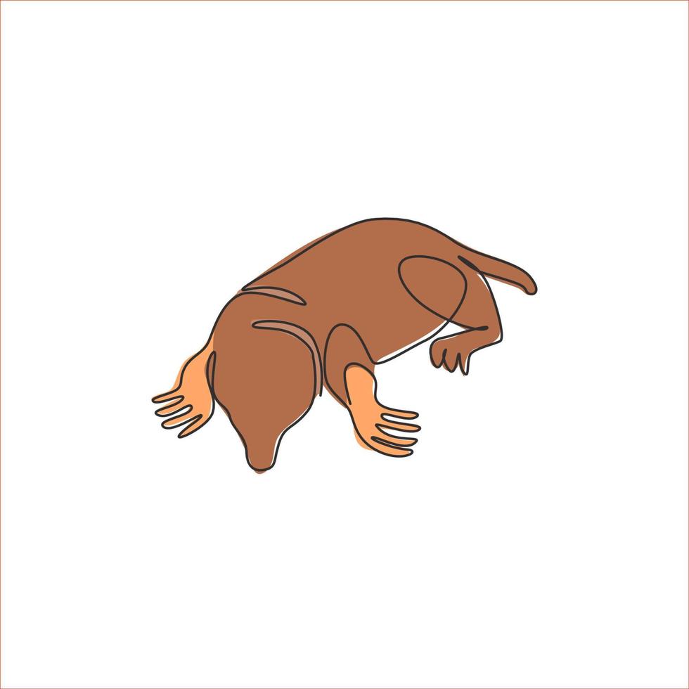 Single continuous line drawing of adorable lawn mole for logo identity. Rodent small mammal animal mascot concept for pest control icon. Modern one line draw design graphic vector illustration