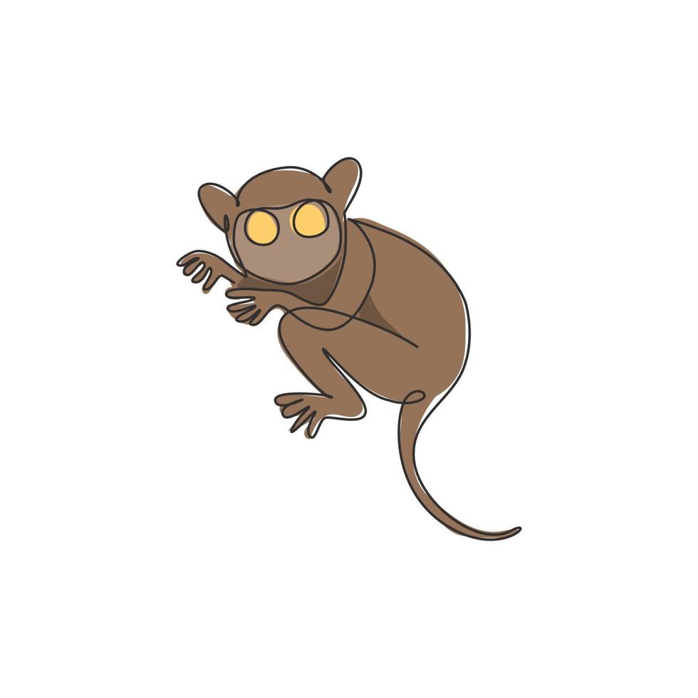 un dibujo de línea continua de tarsier lindo para la identidad del logotipo de la empresa. Pequeño mono con grandes ojos concepto de mascota para el icono del zoológico nacional. Ilustración de vector gráfico de diseño de dibujo de una sola línea moderna