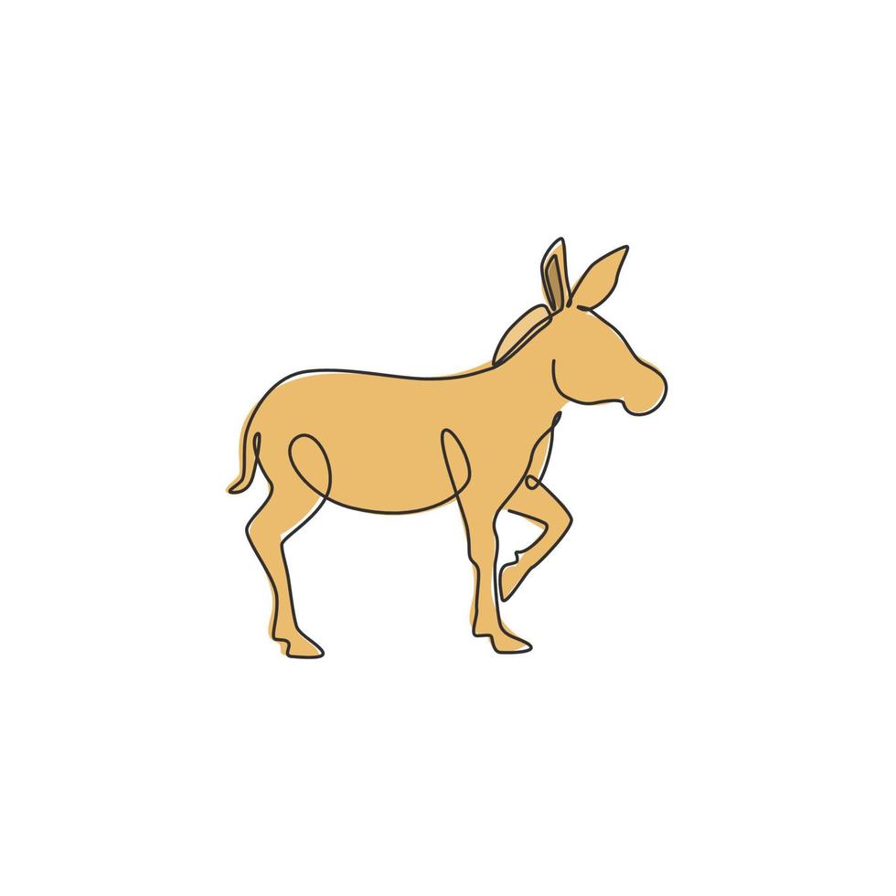 Single continuous line drawing of walking donkey for ranch logo identity. Tiny horse size mascot concept for donkey farm icon. Modern one line draw design vector illustration