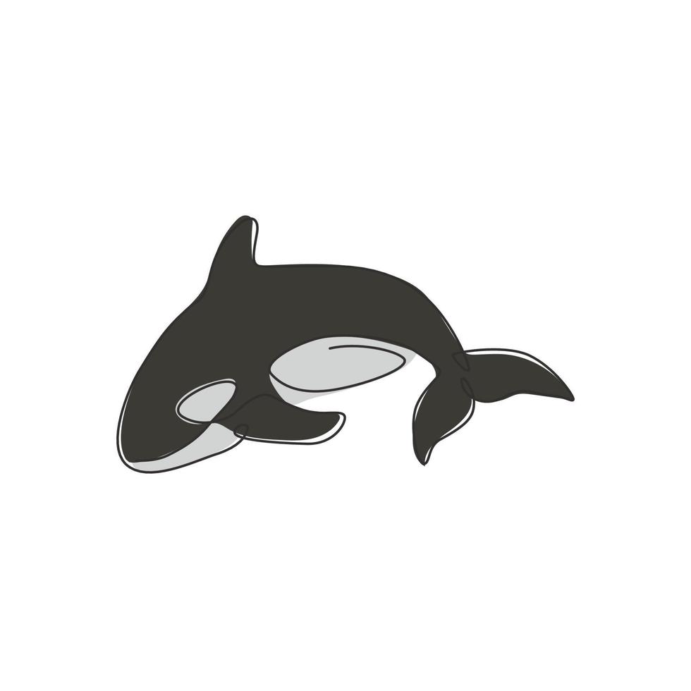 One continuous line drawing of cute orca for marine logo identity. Killer whale mascot concept for sea world show icon. Modern single line draw design vector illustration