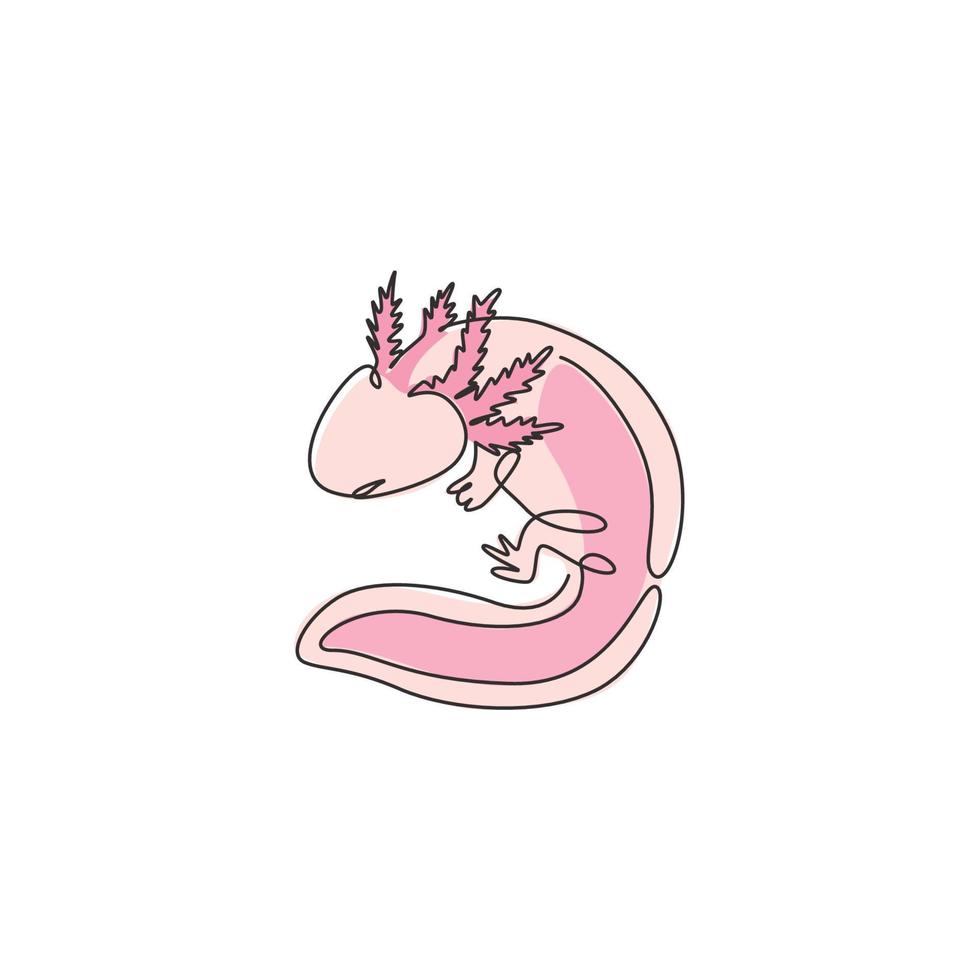 One continuous line drawing of cute axolotl for company logo identity. Water salamander mascot concept for pet lover club icon. Modern single line draw design graphic vector illustration