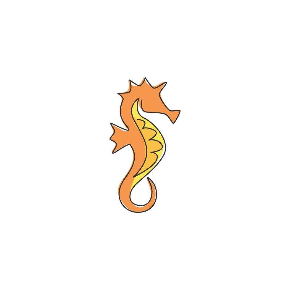 Single continuous line drawing of sea horse for marine logo identity. Tiny hippocampus animal mascot concept for aquarium show icon. Modern one line draw design vector illustration