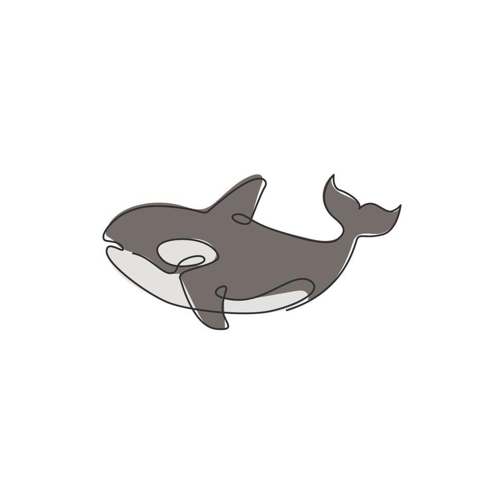 One continuous line drawing of cute orca for marine logo identity. Killer whale mascot concept for sea world show icon. Modern single line draw design vector illustration