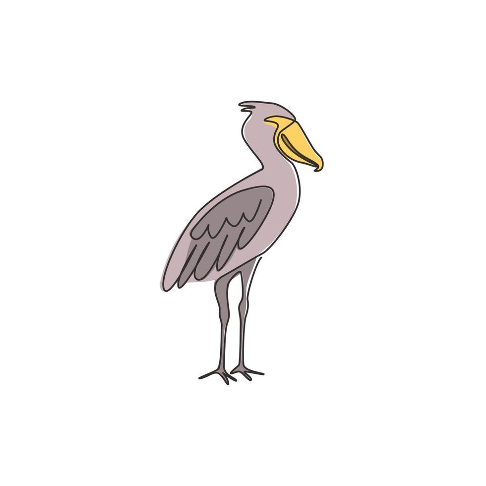 un dibujo de una sola línea de un enorme pico de zapatos para la identidad del logotipo de la empresa. Gran concepto de mascota de aves prehistóricas para el icono de conservación de aves. Ilustración de vector de diseño gráfico de dibujo de línea continua moderna