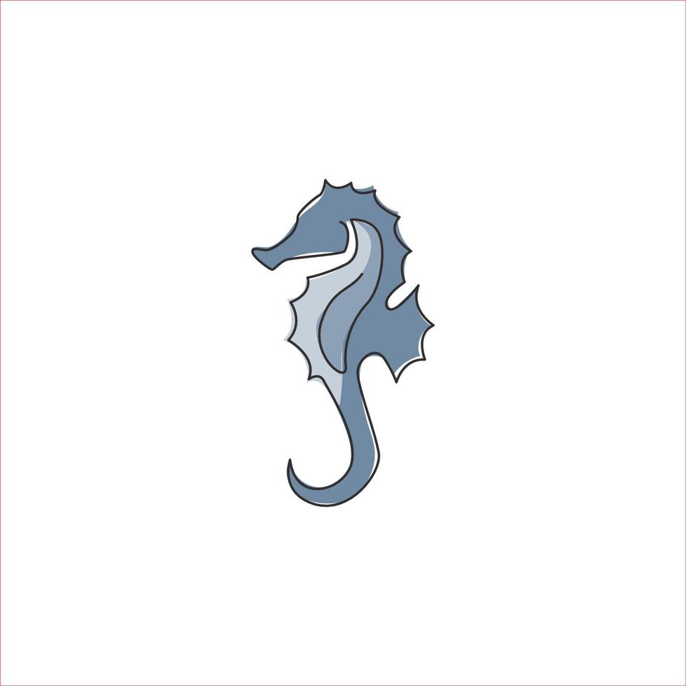 One continuous line drawing of adorable sea horse for logo identity. Little sea monster creature mascot concept for sea world icon. Modern single line draw design vector illustration