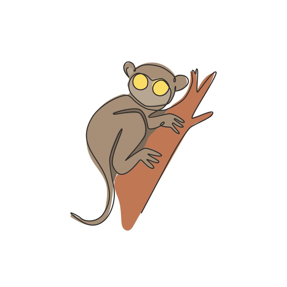 dibujo de una sola línea de tarsier divertido para la identidad del logotipo de la fundación. concepto de mascota animal primate nocturno para el icono del club de amantes de las mascotas. Ilustración gráfica de vector de diseño de dibujo de línea continua moderna