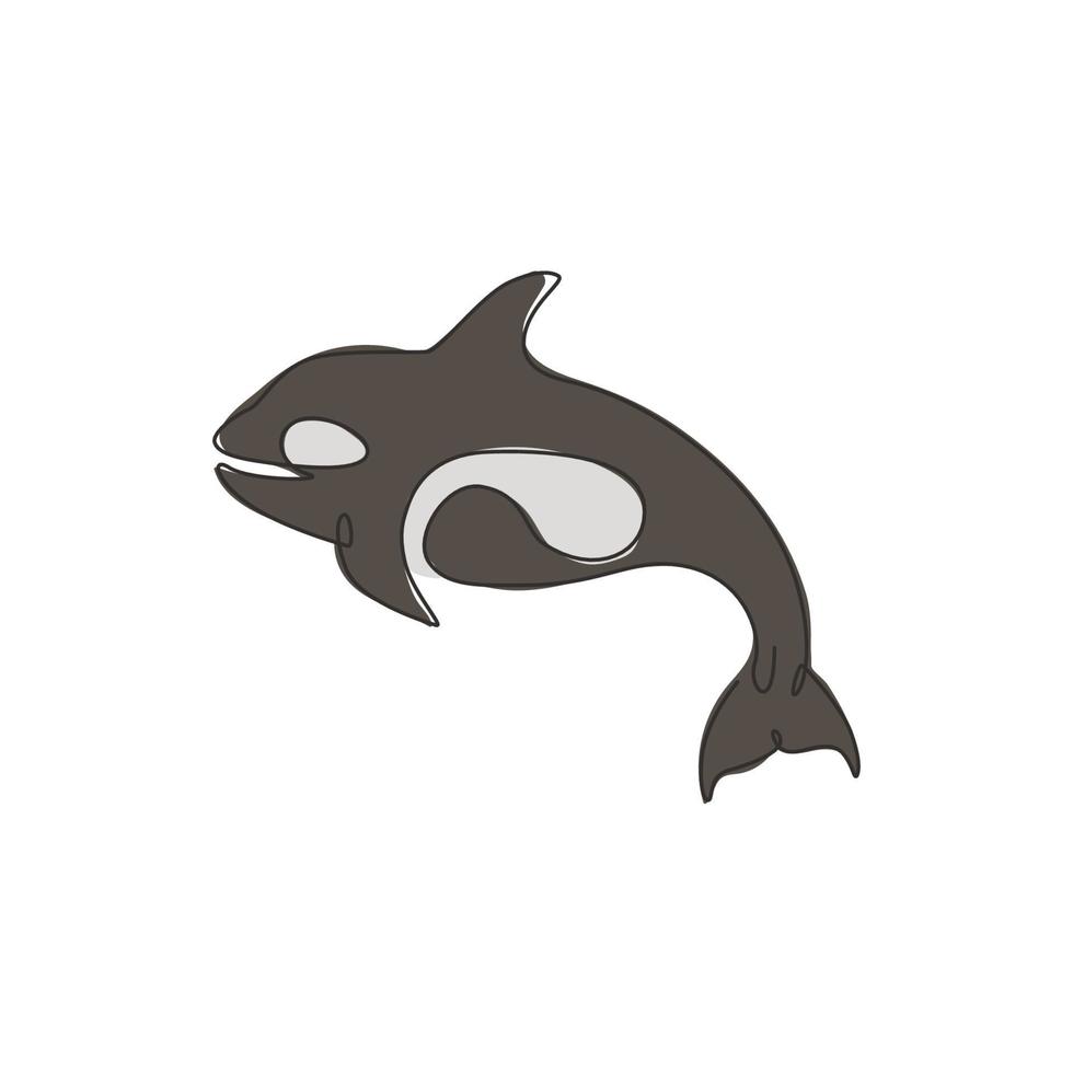 un dibujo de una sola línea de una gran orca linda para la identidad del logotipo de la empresa. concepto de mascota de ballena orcinus para el icono del zoológico acuático nacional. Ilustración de vector de diseño de dibujo de línea continua moderna