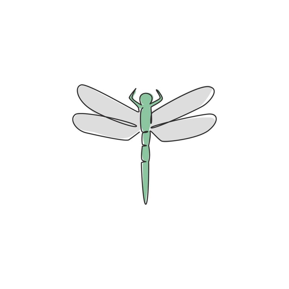 Single continuous line drawing of beauty dragonfly for company logo identity. Flying insect mascot concept bug lover club for icon. Modern one line draw design vector illustration