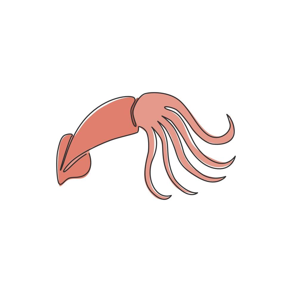 One single line drawing of beauty squid for Chinese restaurant logo identity. Large cuttlefish mascot concept for fresh and healthy seafood icon. Modern continuous line draw design vector illustration