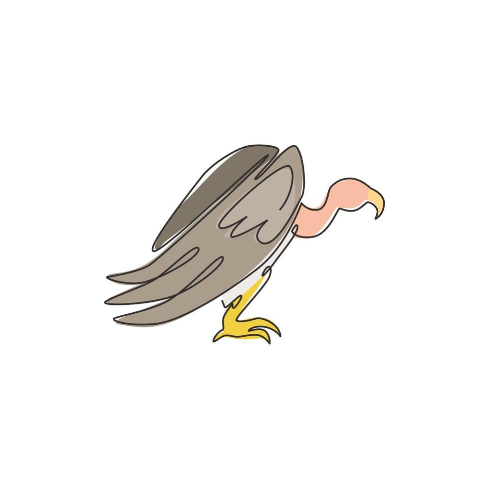 One continuous line drawing of scary vulture for foundation logo identity. Big bird mascot concept for bird conservation icon. Modern single line draw design vector illustration