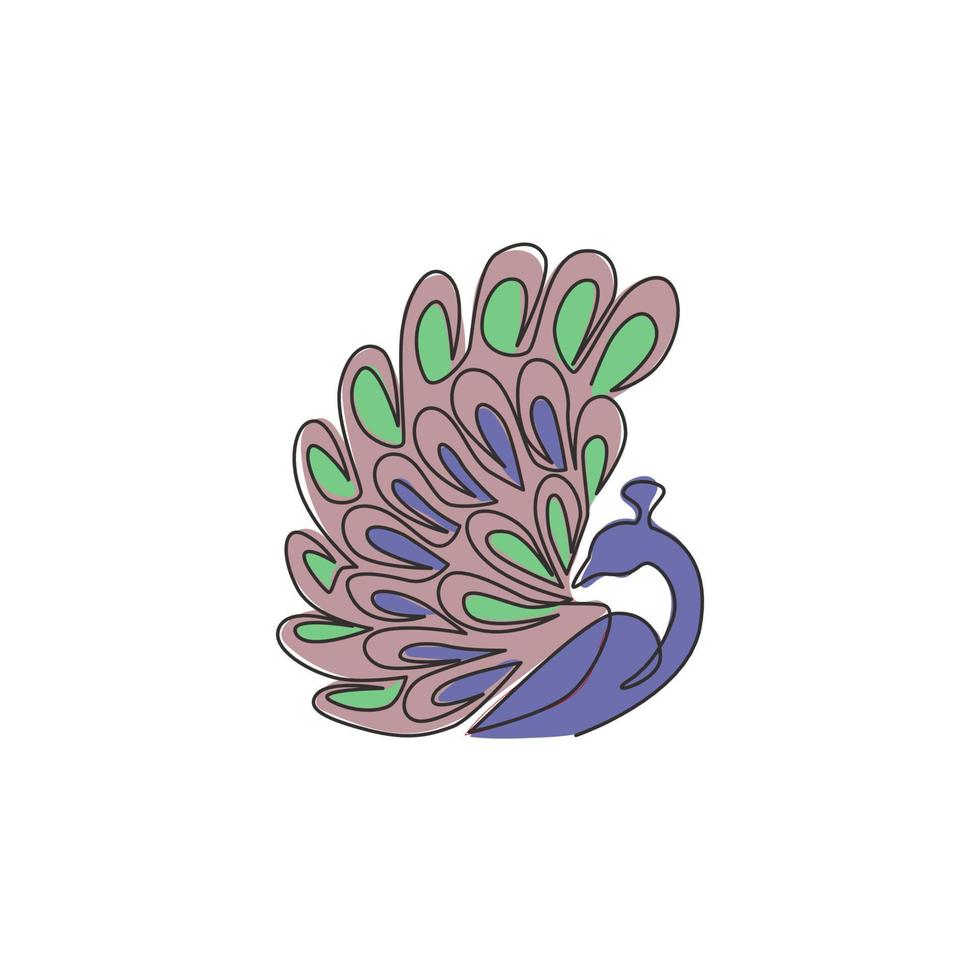 un dibujo de línea continua de un adorable pavo real de belleza para la identidad del logotipo de la empresa. concepto de mascota de gran pájaro bonito para el icono del zoológico nacional. Gráfico moderno del ejemplo del vector del diseño del sorteo de una sola línea