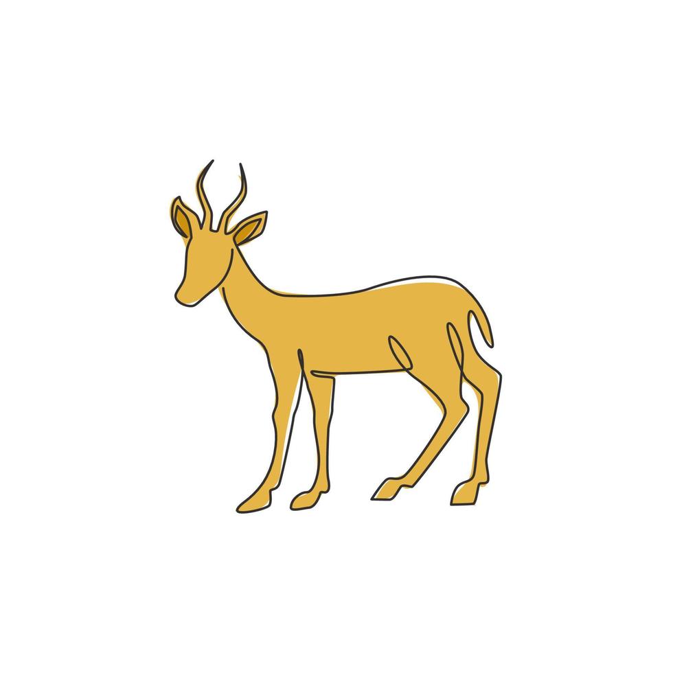 Single continuous line drawing of cute antelope for company logo identity. Horned gazelle mascot concept for national zoo icon. One line draw design graphic vector illustration