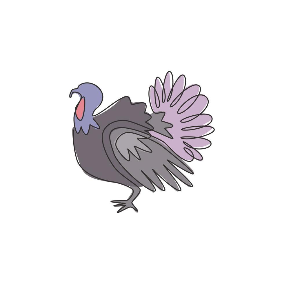 un dibujo de línea continua de pavo grande para la identidad del logotipo del ganado. concepto de mascota aviar gigante para el icono de la cría de animales. Ilustración de vector gráfico de diseño de dibujo de una sola línea moderna