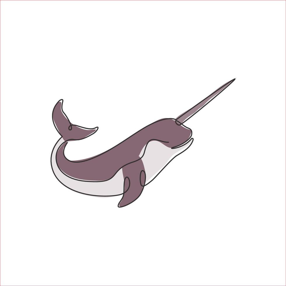 One continuous line drawing of cute narwhal with tusk for marine company logo identity. Unique narwhale mascot concept for fairy creature icon. Single line draw design vector graphic illustration