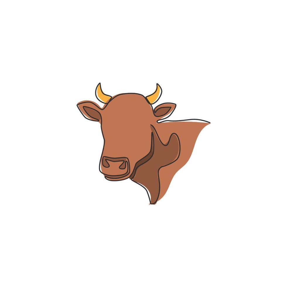 Single continuous line drawing of plump cow head for farming logo identity. Mammal animal mascot concept for livestock icon. One line graphic draw design vector illustration