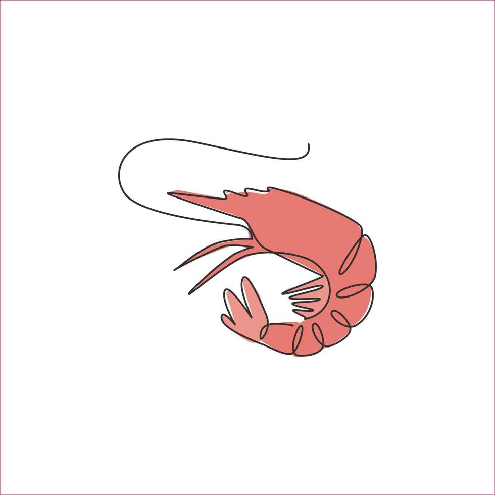 One continuous line drawing of fresh shrimp for seafood logo identity. Prawn mascot concept for Chinese restaurant icon. Single line draw design graphic vector illustration