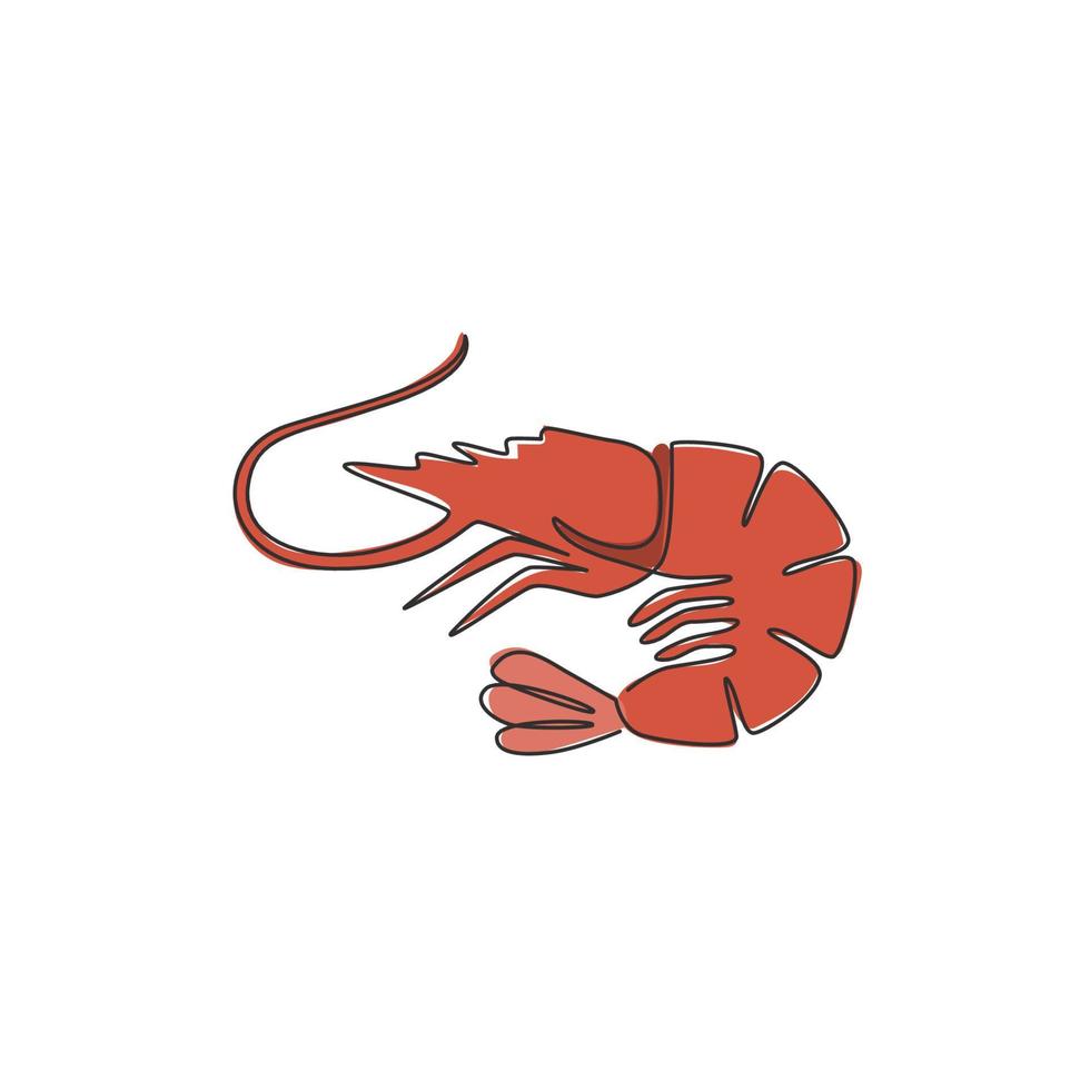 un dibujo de línea continua de camarones frescos para la identidad del logotipo de mariscos. concepto de mascota de langostinos para el icono de restaurante chino. Ilustración gráfica de vector de diseño de dibujo de una sola línea