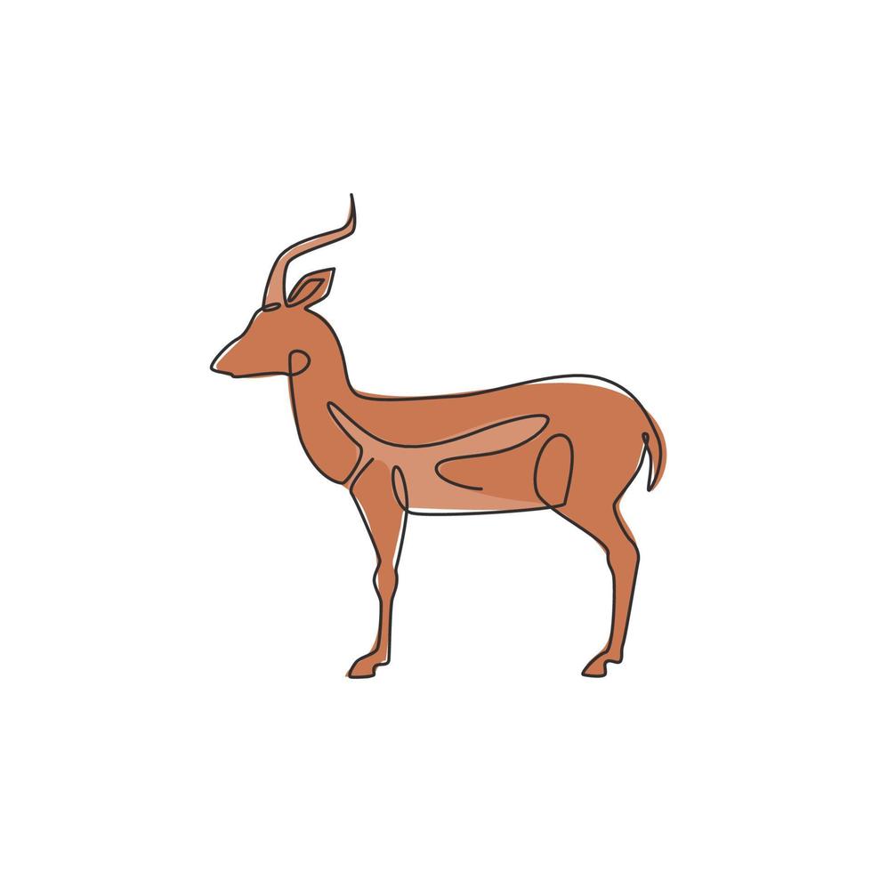 One single line drawing of beauty antelope for logo identity. Horned mammal animal mascot concept for national conservation park icon. Continuous line draw design vector illustration graphic