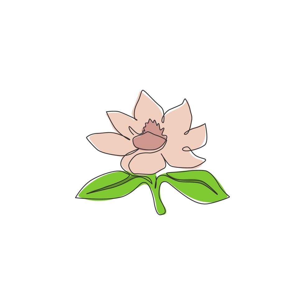 Un dibujo de línea continua Beauty Fresh Magnoliaceae para decoración del hogar Impresión de póster de arte de pared. concepto de flor de magnolia decorativa para tarjeta de invitación. Ilustración de vector de diseño de dibujo de línea única de moda