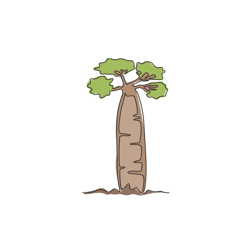 una línea continua dibujando un árbol baobab grande y robusto. árbol histórico gigante decorativo para el logotipo del parque nacional. Impresión del cartel de la decoración del arte de la pared del hogar. Ilustración de vector de diseño de dibujo de línea única de moda