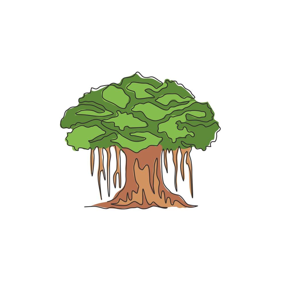 dibujo de una sola línea continua de un árbol de higuera frondoso y sombreado. Concepto decorativo de la planta del ficus benghalensis para la impresión del cartel del arte del hogar de la decoración de la pared. Ilustración gráfica de vector de diseño de dibujo de una línea moderna