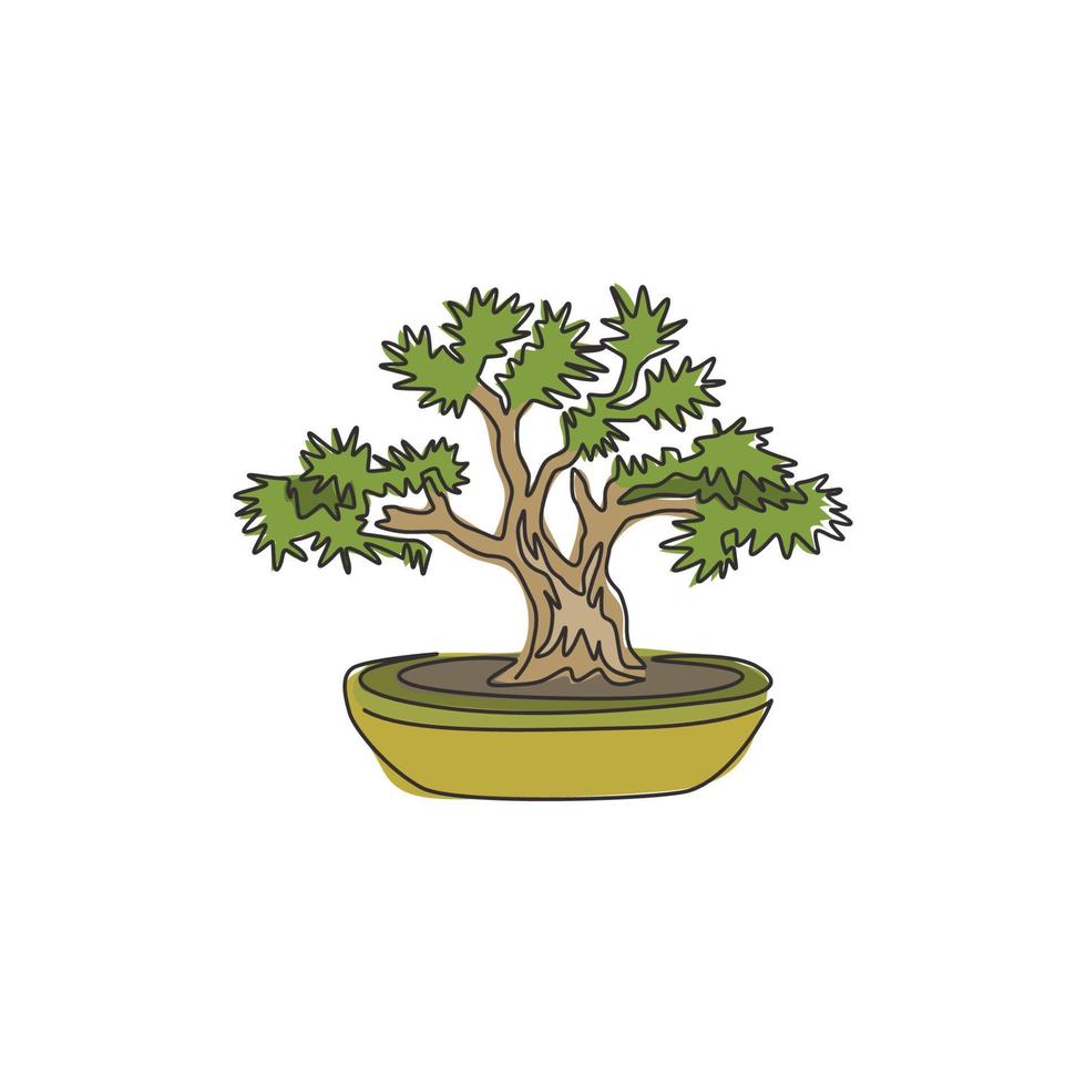 Un solo dibujo de línea continua de la belleza y el antiguo árbol bonsai exótico para la decoración del hogar, la impresión del cartel del arte de la pared. Planta de bonsai decorativa para el logotipo de la tienda de plantas. Ilustración de vector de diseño de dibujo de una línea moderna