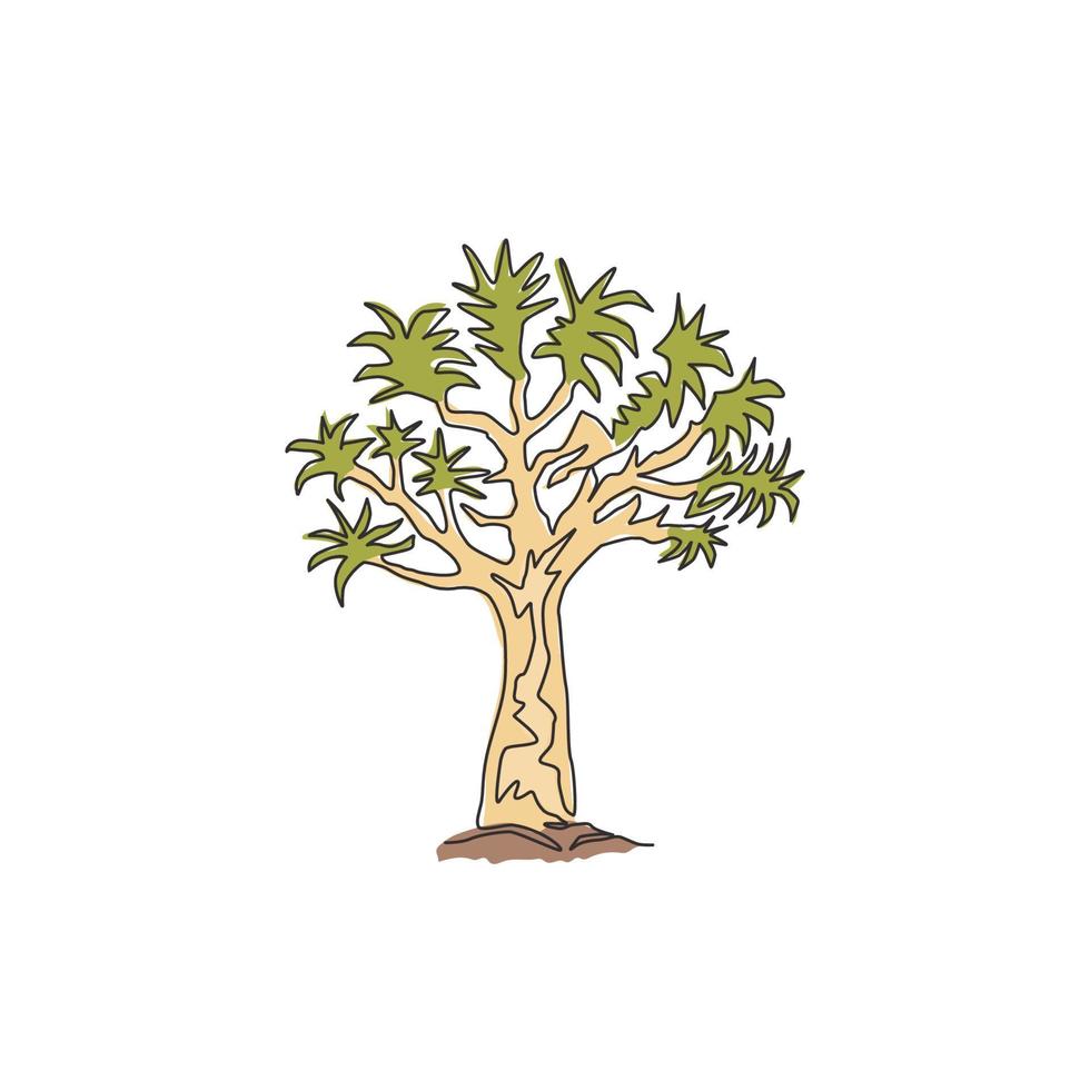 Single continuous line drawing of quiver tree forest. Decorative aloidendron dichotomum tree for national park. Tourist and travel vacation concept. Modern one line draw design vector illustration