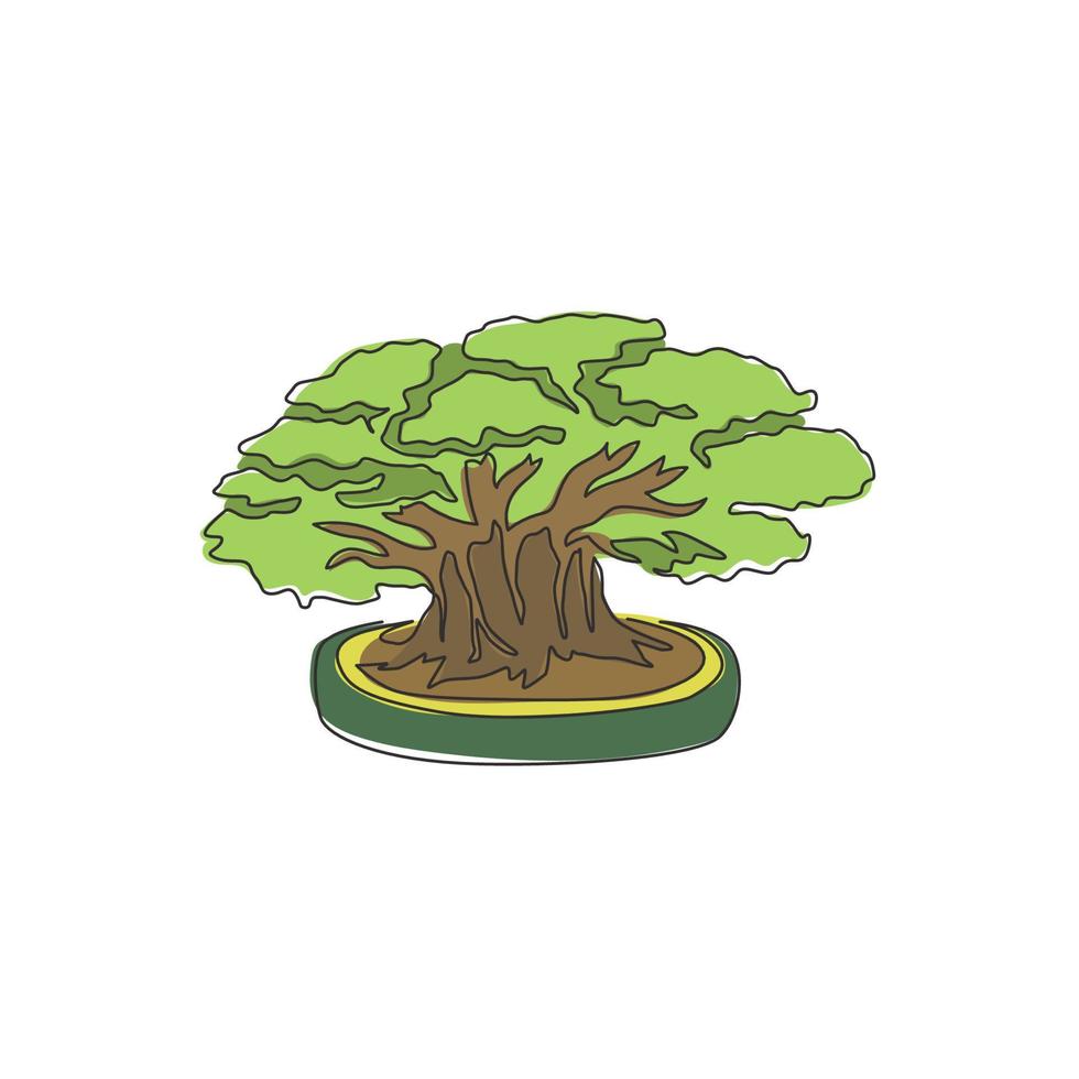 un dibujo de línea continua de la belleza y el árbol bonsai chino fresco. Decorativo viejo concepto de árbol de banyan pequeño en maceta para la impresión del cartel de la decoración de la pared del arte del hogar. Ilustración de vector de diseño de dibujo de una sola línea
