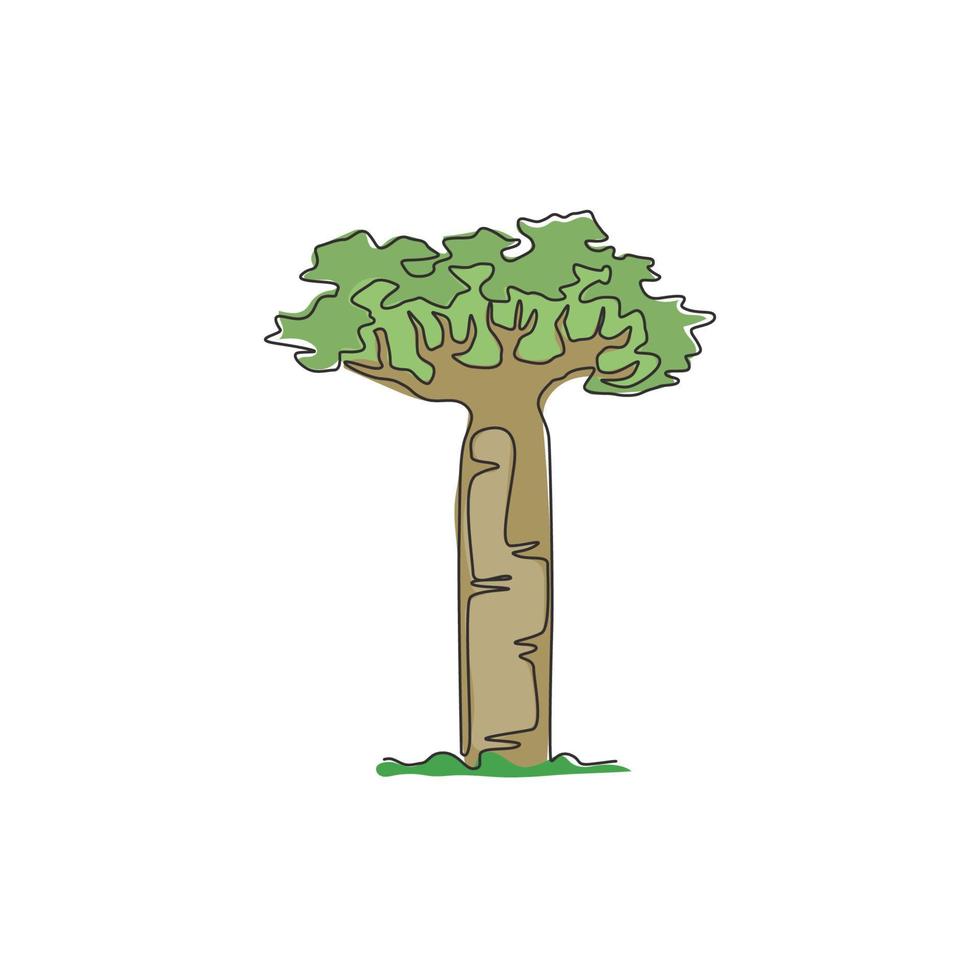 Árbol baobab gigante de dibujo de línea continua única para póster de decoración de pared. concepto de planta gigantesca para el parque nacional. concepto de vacaciones de turismo y viajes. Ilustración de vector de diseño de dibujo de una línea moderna