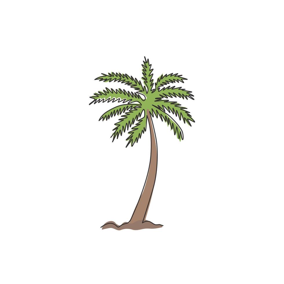 un dibujo de línea continua de cocos nucifera. concepto decorativo de palmera de coco para el logotipo de la empresa de plantaciones y la impresión de carteles de decoración de pared de arte para el hogar. Ilustración de vector de diseño de dibujo de línea única de moda