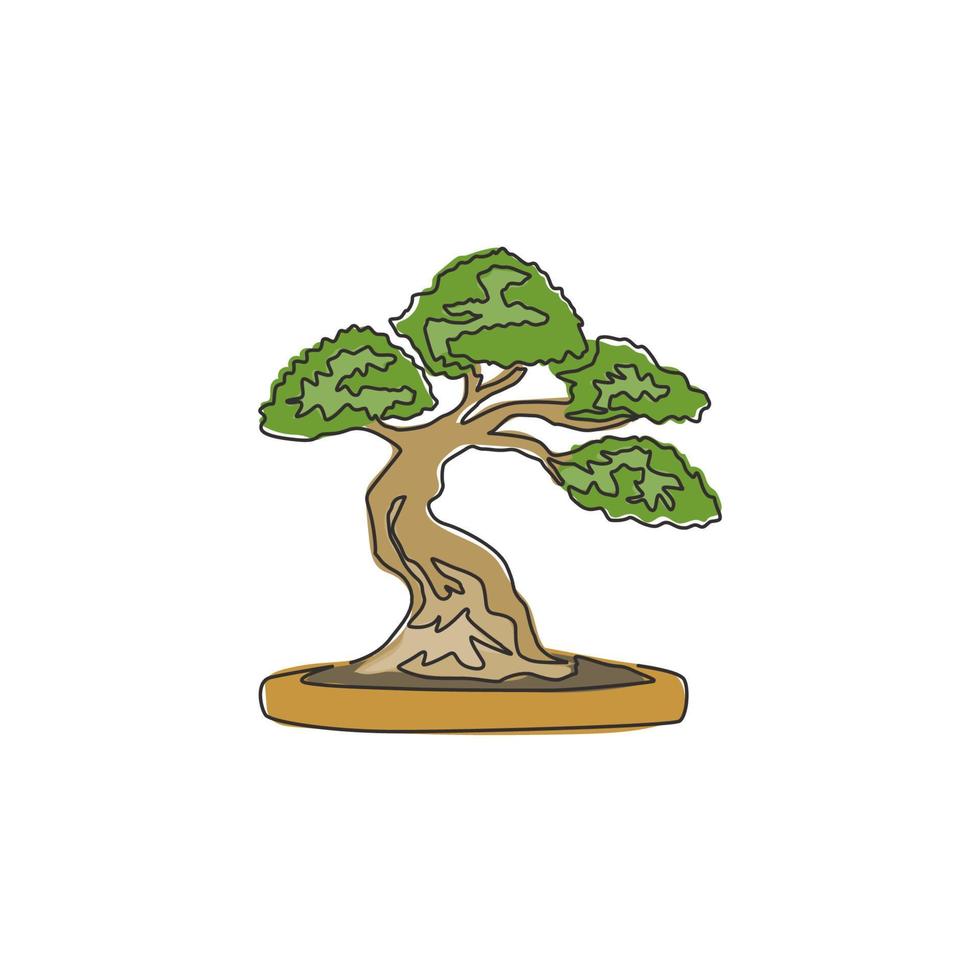 Un dibujo de línea continua antigua belleza exótica pequeño árbol bonsai para decoración de pared de arte para el hogar impresión de póster. Planta decorativa antigua en maceta para el logotipo de la tienda de plantas. Ilustración de vector de diseño de dibujo de una sola línea