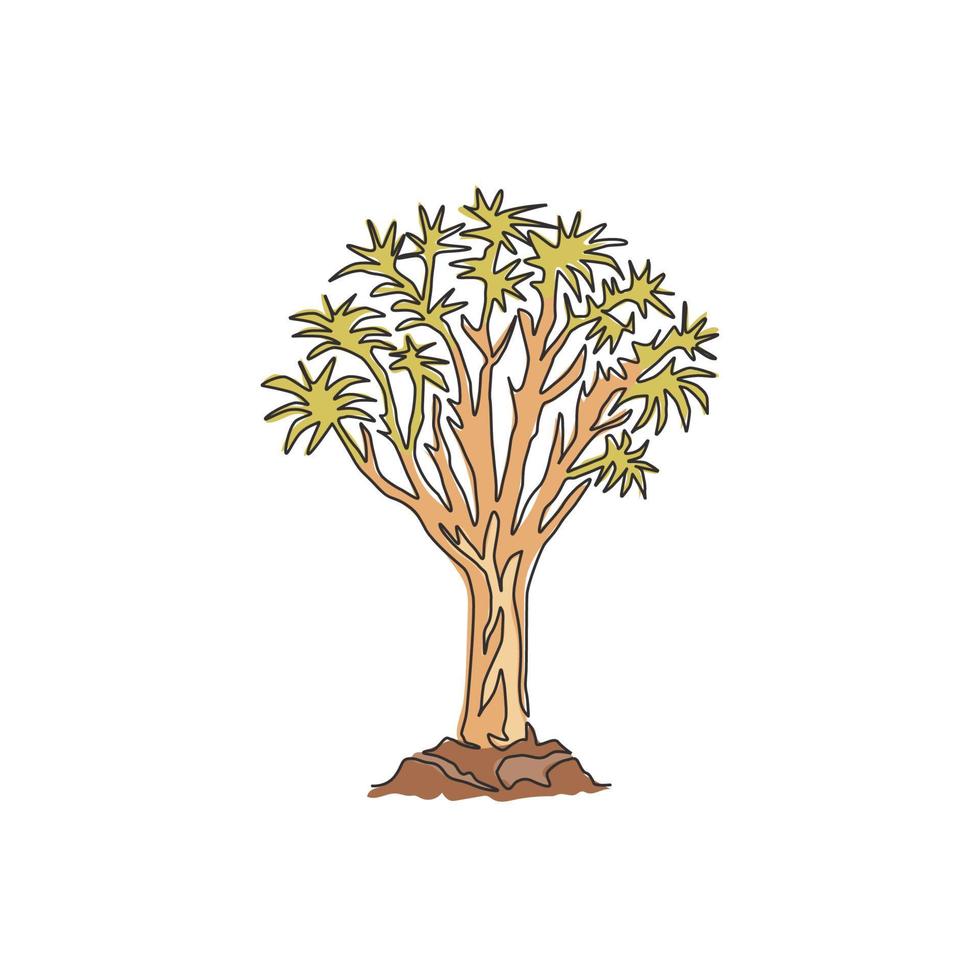 One continuous line drawing of quiver tree forest. Decorative kokerboom woud tree for national park logo. Tour and travel vacation concept. Trendy single line draw design vector graphic illustration