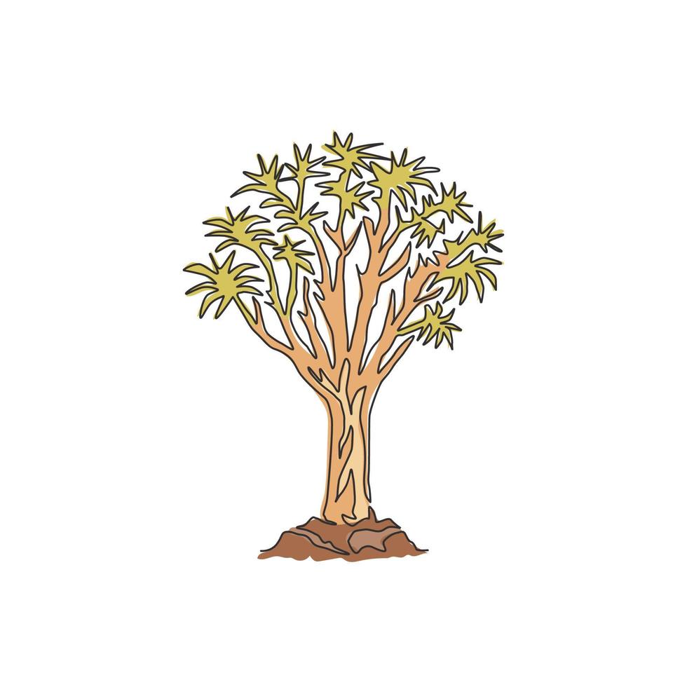 un dibujo de línea continua del bosque de árboles carcaj. árbol decorativo de kokerboom woud para el logotipo del parque nacional. concepto de vacaciones de viaje y viaje. Ilustración gráfica de vector de diseño de dibujo de línea única de moda