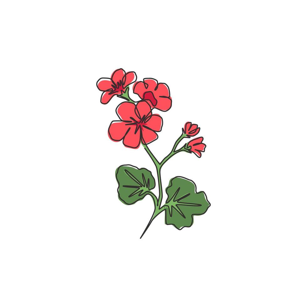 One continuous line drawing beauty fresh geranium for wall decor home print art poster. Printable decorative cranesbills flower concept for card ornament. Tingle line draw design vector illustration