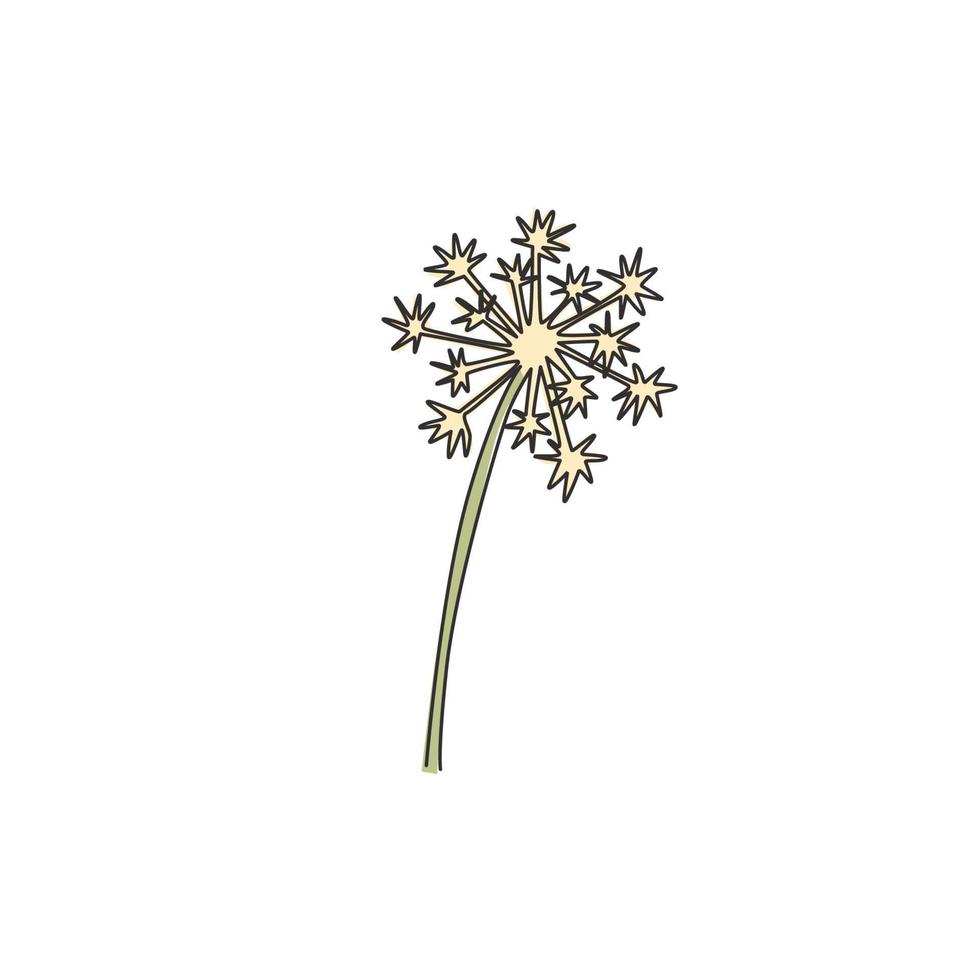 Un solo dibujo de línea Beauty Fresh Taraxacum para decoración de pared de arte para el hogar Impresión de póster. flor de diente de león decorativa imprimible para adorno de tarjetas de felicitación. Ilustración de vector de diseño de dibujo de línea continua